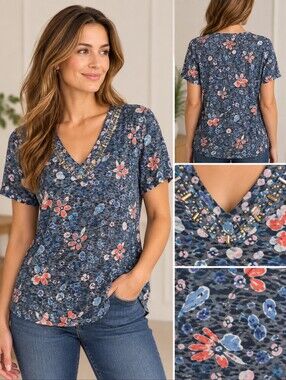 Erika V-Neck Embellished Floral Short Sleeve Burnout Printed Top - Size XL